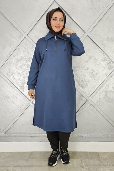 KADIN FERMUARLI BAĞCIKLI TESETTÜR TUNİK İNDİGO - 5 BEDEN