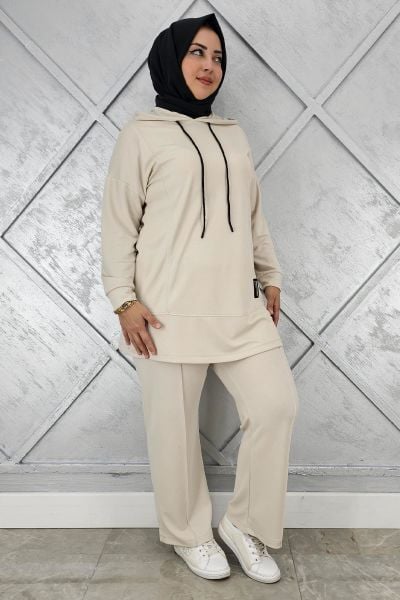 KADIN KAPÜŞONLU ARMA DETAYLI TESETTÜR TAKIM BEJ - 2 BEDEN