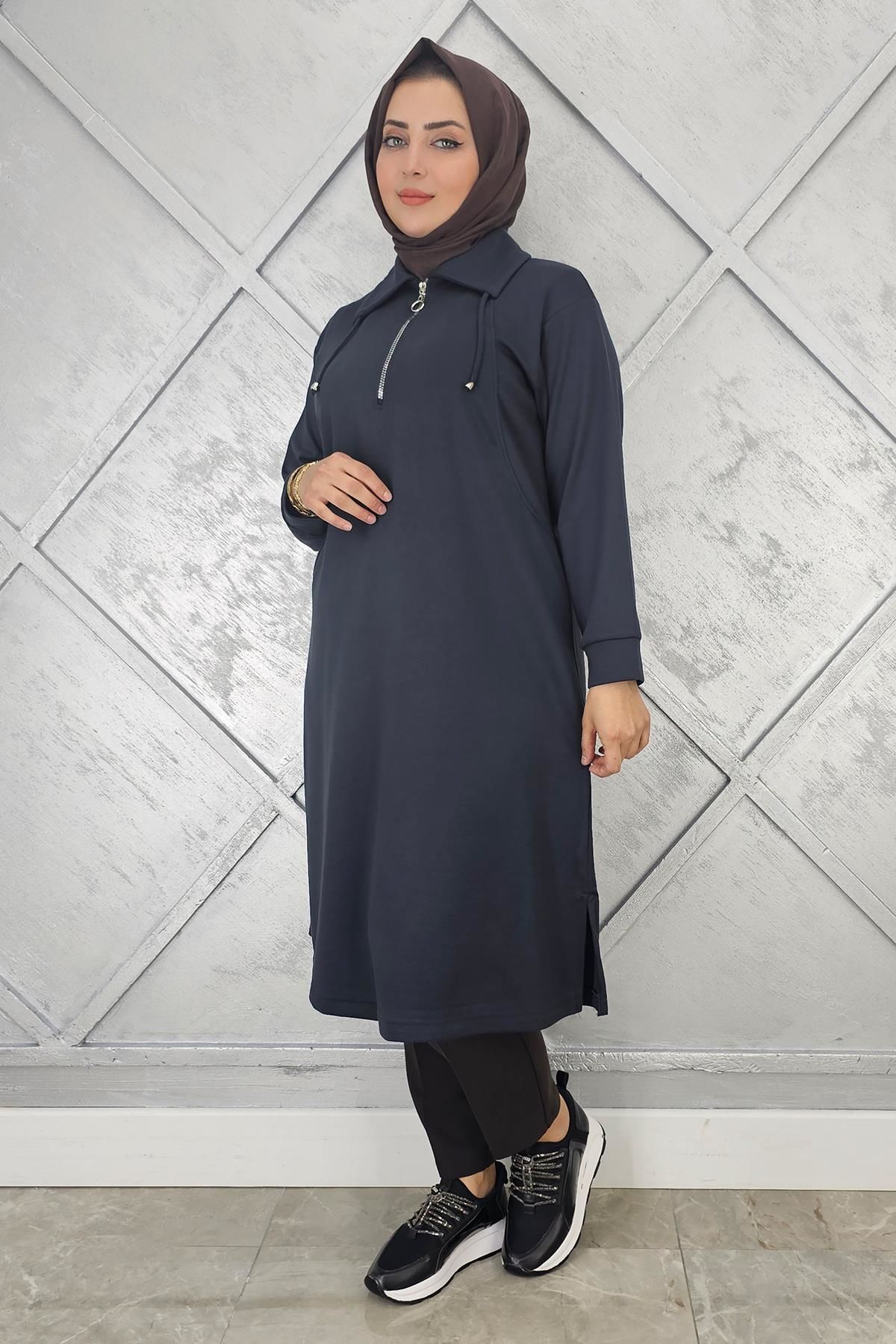 KADIN FERMUARLI BAĞCIKLI TESETTÜR TUNİK ANTRSİT - 5 BEDEN