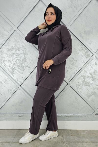 KADIN KAPÜŞONLU ARMA DETAYLI TESETTÜR TAKIM KAHVERENGİ - 3 BEDEN