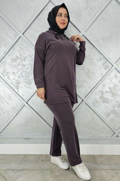 KADIN KAPÜŞONLU ARMA DETAYLI TESETTÜR TAKIM KAHVERENGİ - 3 BEDEN