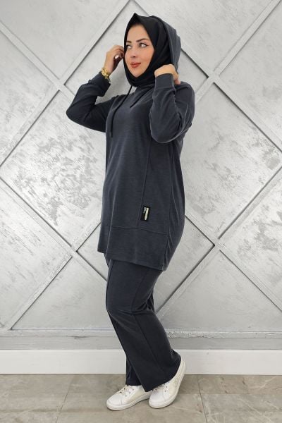 KADIN KAPÜŞONLU ARMA DETAYLI TESETTÜR TAKIM SİYAH - 2 BEDEN