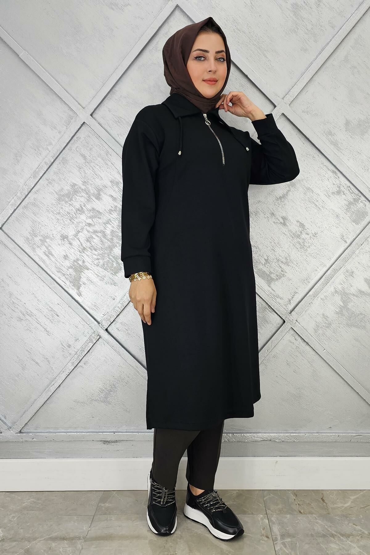 KADIN FERMUARLI BAĞCIKLI TESETTÜR TUNİK SİYAH - 2 BEDEN