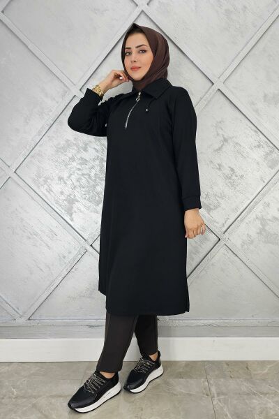 KADIN FERMUARLI BAĞCIKLI TESETTÜR TUNİK SİYAH - 2 BEDEN