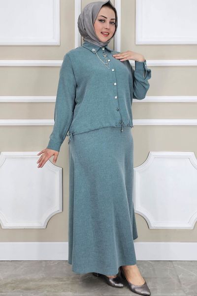 PYS KADIN SALLANTI AKSESUARLI ETEKLİ TESETTÜR TAKIM YEŞİL - 5 BEDEN