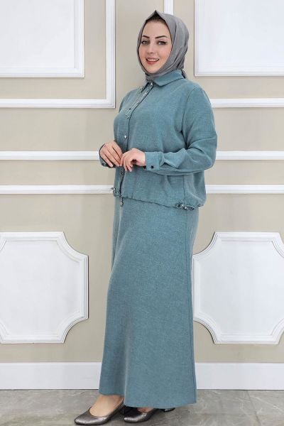 PYS KADIN SALLANTI AKSESUARLI ETEKLİ TESETTÜR TAKIM YEŞİL - 5 BEDEN