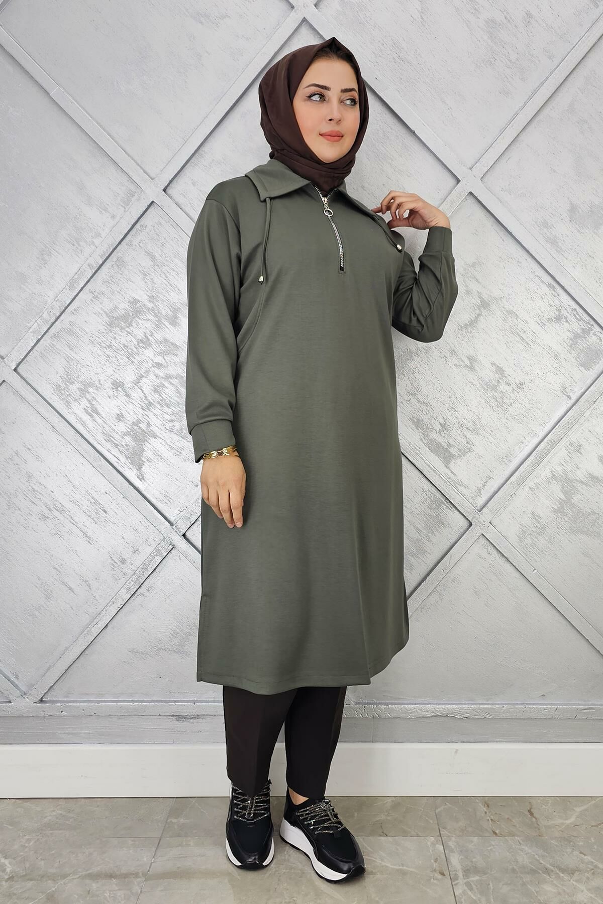 KADIN FERMUARLI BAĞCIKLI TESETTÜR TUNİK HAKİ - 4 BEDEN