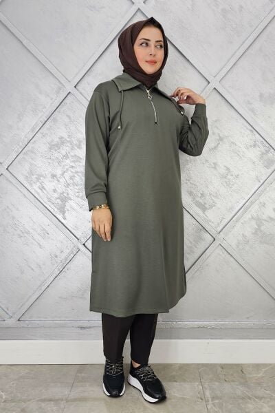 KADIN FERMUARLI BAĞCIKLI TESETTÜR TUNİK HAKİ - 4 BEDEN