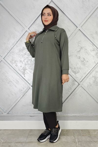 KADIN FERMUARLI BAĞCIKLI TESETTÜR TUNİK HAKİ - 4 BEDEN