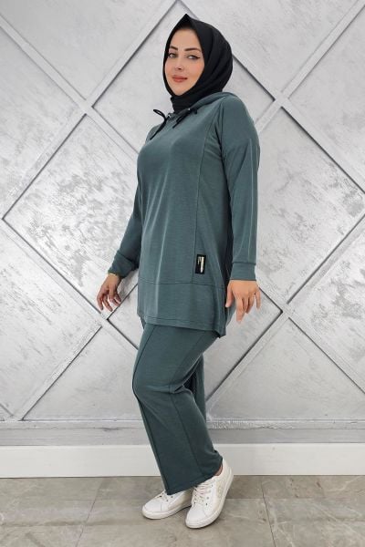 KADIN KAPÜŞONLU ARMA DETAYLI TESETTÜR TAKIM YEŞİL - 5 BEDEN