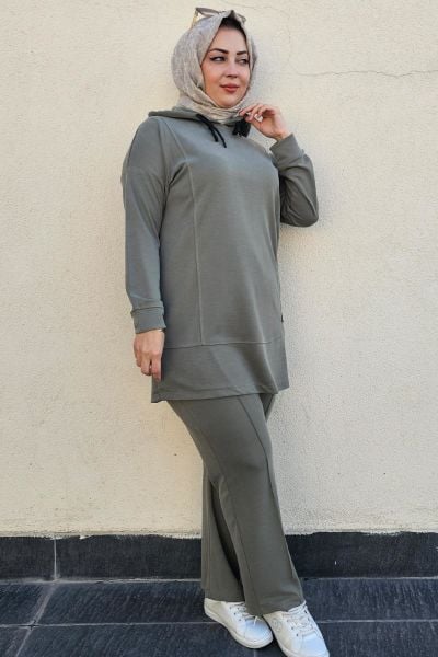 KADIN KAPÜŞONLU ARMA DETAYLI TESETTÜR TAKIM HAKİ - 5 BEDEN