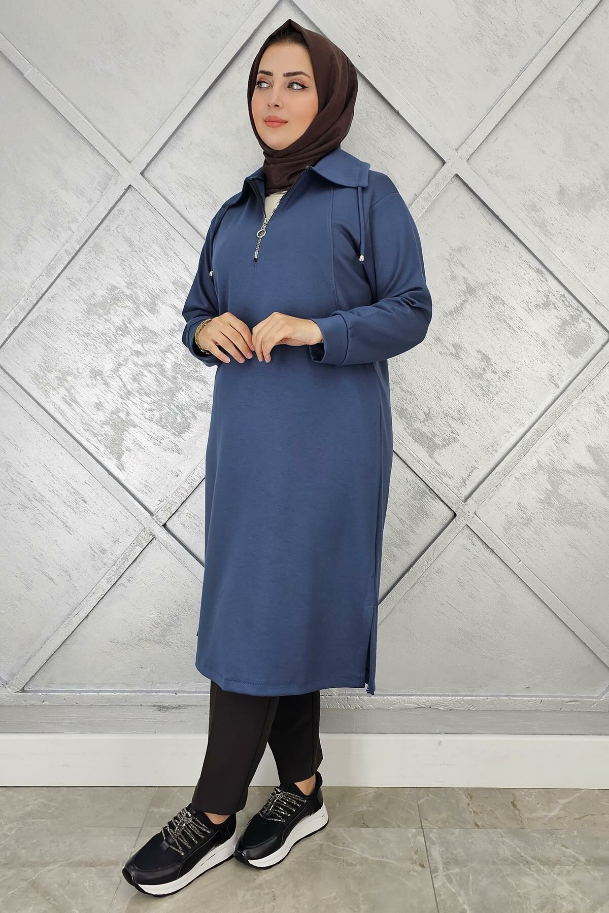KADIN FERMUARLI BAĞCIKLI TESETTÜR TUNİK İNDİGO - 2 BEDEN