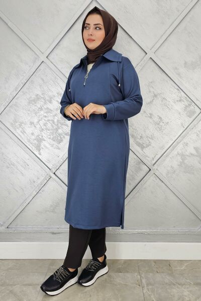 KADIN FERMUARLI BAĞCIKLI TESETTÜR TUNİK İNDİGO - 2 BEDEN