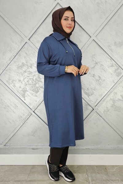 KADIN FERMUARLI BAĞCIKLI TESETTÜR TUNİK İNDİGO - 2 BEDEN
