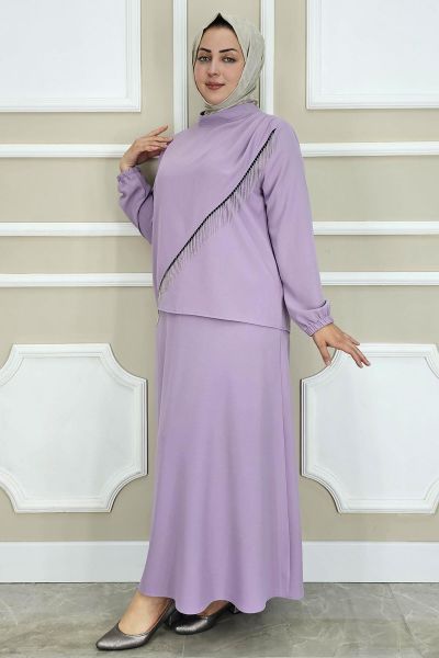 PYS KADIN PÜSKÜL AKSESUARLI TESETTÜR TAKIM LİLA - 4 BEDEN