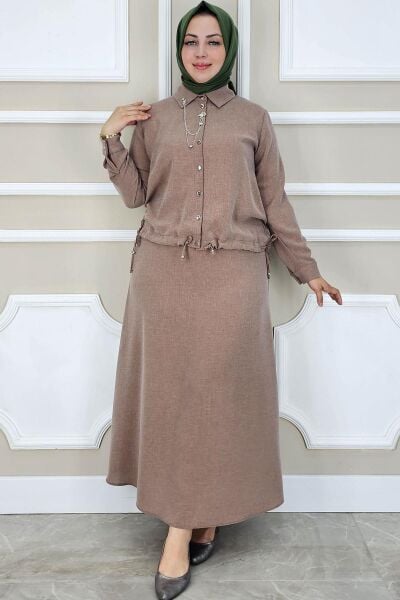 PYS KADIN SALLANTI AKSESUARLI ETEKLİ TESETTÜR TAKIM SOMON - 2 BEDEN