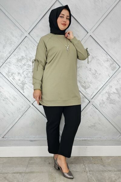 KADIN KOLU AKSESUAR DETAYLI TESETTÜR TUNİK MİNT YEŞİLİ - 4 BEDEN