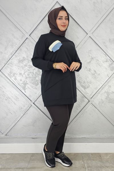 KADIN CEP GÖRÜNÜMLÜ TESETTÜR TUNİK SİYAH - L