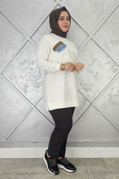 KADIN CEP GÖRÜNÜMLÜ TESETTÜR TUNİK EKRU - 3XL