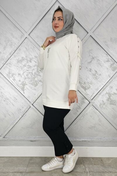 KADIN KOLU AKSESUAR DETAYLI TESETTÜR TUNİK EKRU - 4 BEDEN