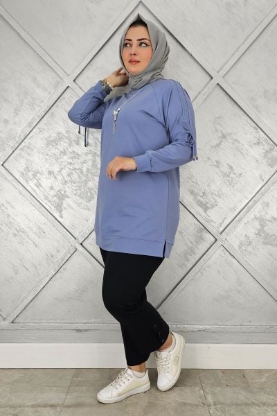 KADIN KOLU AKSESUAR DETAYLI TESETTÜR TUNİK MAVİ - 5 BEDEN