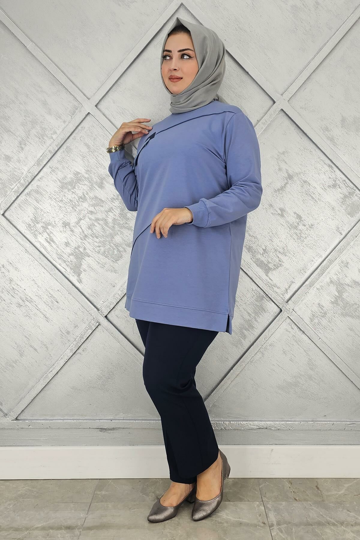 KADIN CEP GÖRÜNÜMLÜ TESETTÜR TUNİK MAVİ - 3XL