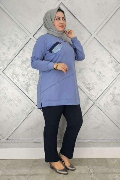 KADIN CEP GÖRÜNÜMLÜ TESETTÜR TUNİK MAVİ - 3XL