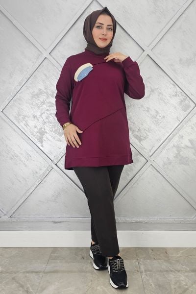 KADIN CEP GÖRÜNÜMLÜ TESETTÜR TUNİK BORDO - XL