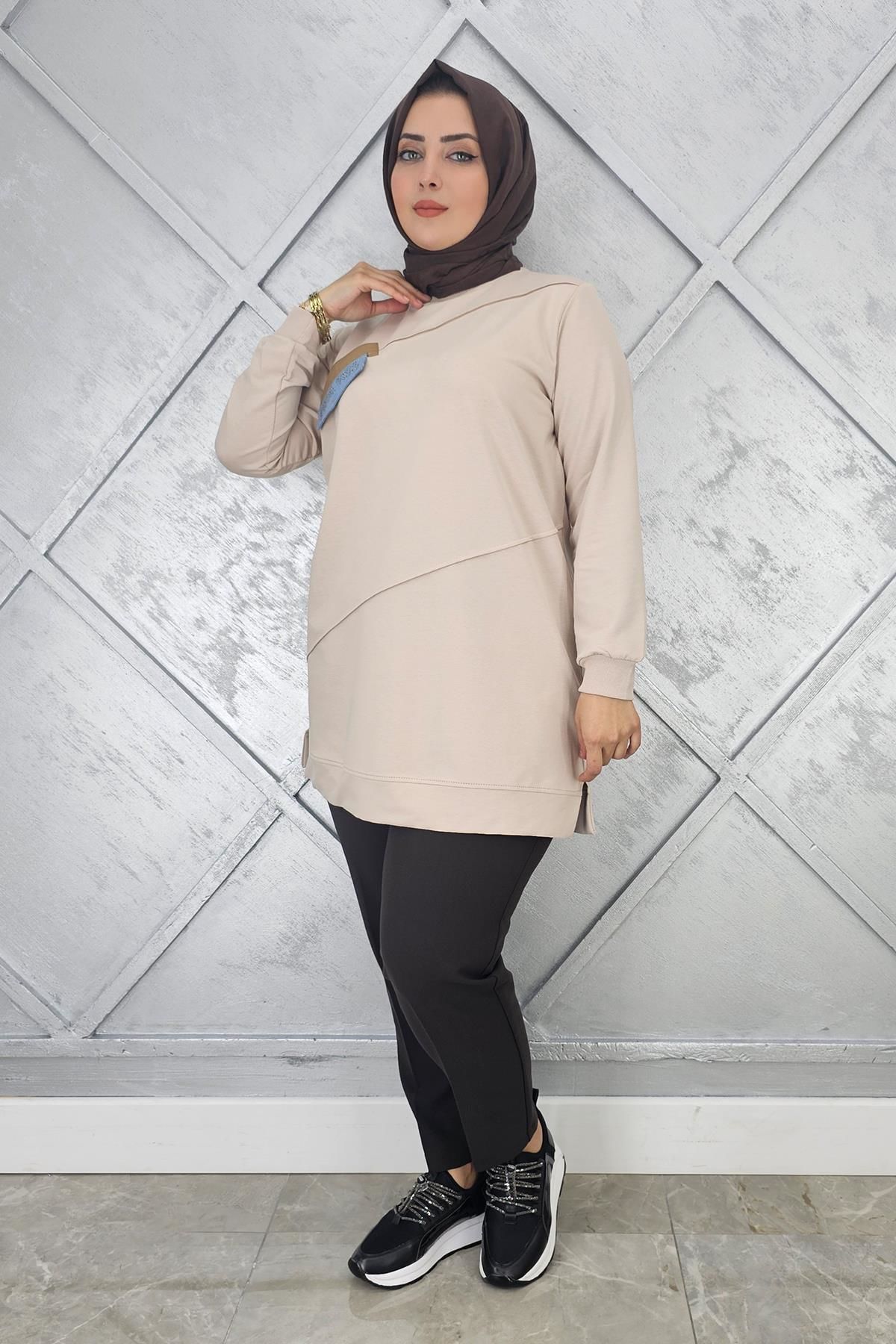 KADIN CEP GÖRÜNÜMLÜ TESETTÜR TUNİK BEJ - 2XL