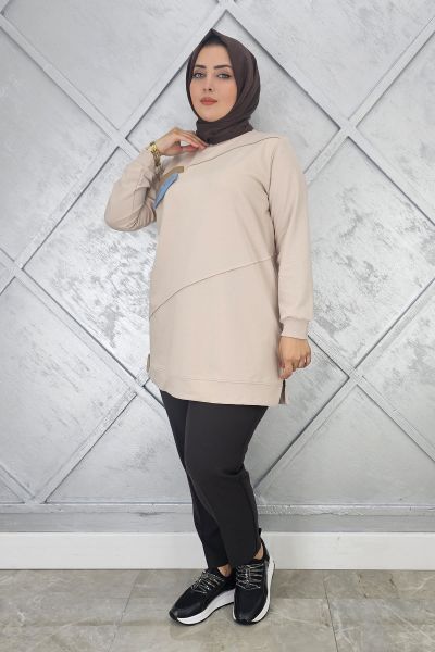 KADIN CEP GÖRÜNÜMLÜ TESETTÜR TUNİK BEJ - 2XL