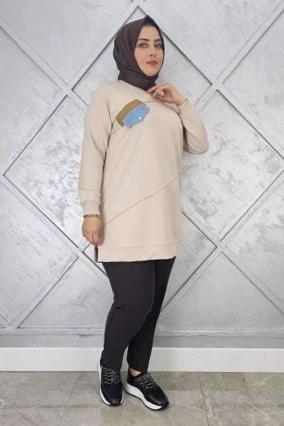 KADIN CEP GÖRÜNÜMLÜ TESETTÜR TUNİK BEJ - 2XL