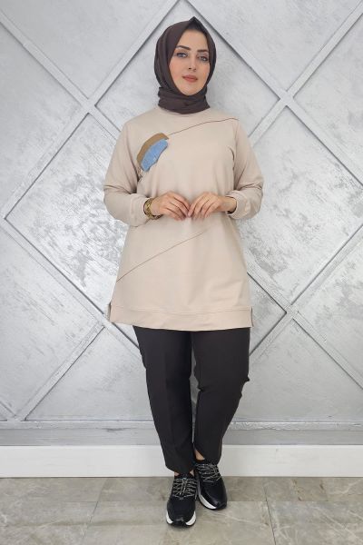 KADIN CEP GÖRÜNÜMLÜ TESETTÜR TUNİK BEJ - 2XL