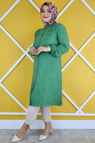 KADIN TAŞ DETAYLI HAKİM YAKA TESETTÜR GÖMLEK BENETTON - 2 BEDEN
