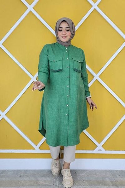 PYS KADIN CEPLERİ MİNİ PÜSKÜL DETAYLI KETEN TESETTÜR GÖMLEK BENETTON - 2 BEDEN
