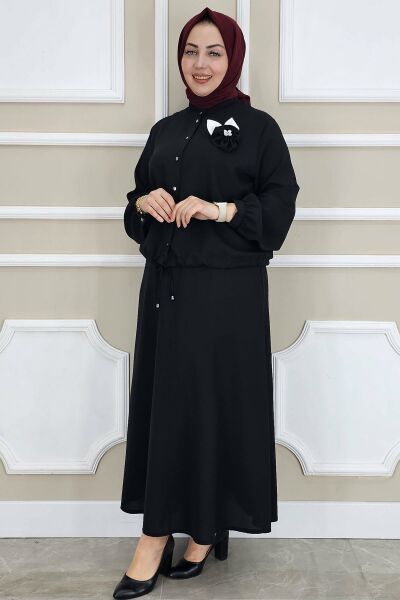 PYS KADIN ÇİÇEK BROŞ DETAYLI GÖMLEK ETEK TESETTÜR TAKIM SİYAH