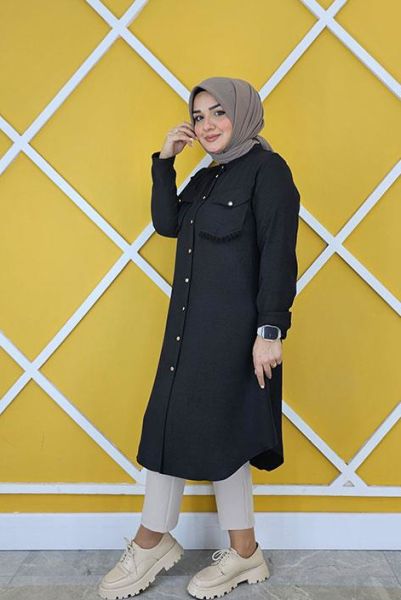 KADIN CEPLERİ MİNİ PÜSKÜL DETAYLI KETEN TESETTÜR GÖMLEK SİYAH - 2 BEDEN