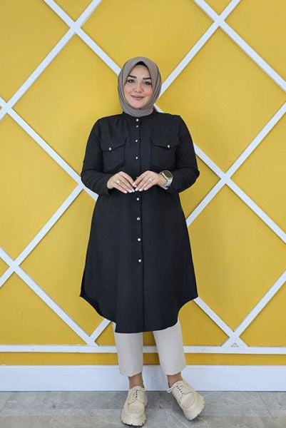 KADIN CEPLERİ MİNİ PÜSKÜL DETAYLI KETEN TESETTÜR GÖMLEK SİYAH - 2 BEDEN