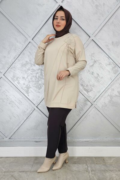 KADIN ÇİÇEKLİ NERVÜR DİKİM DETAYLI TESETTÜR TUNİK BEJ - 4 BEDEN