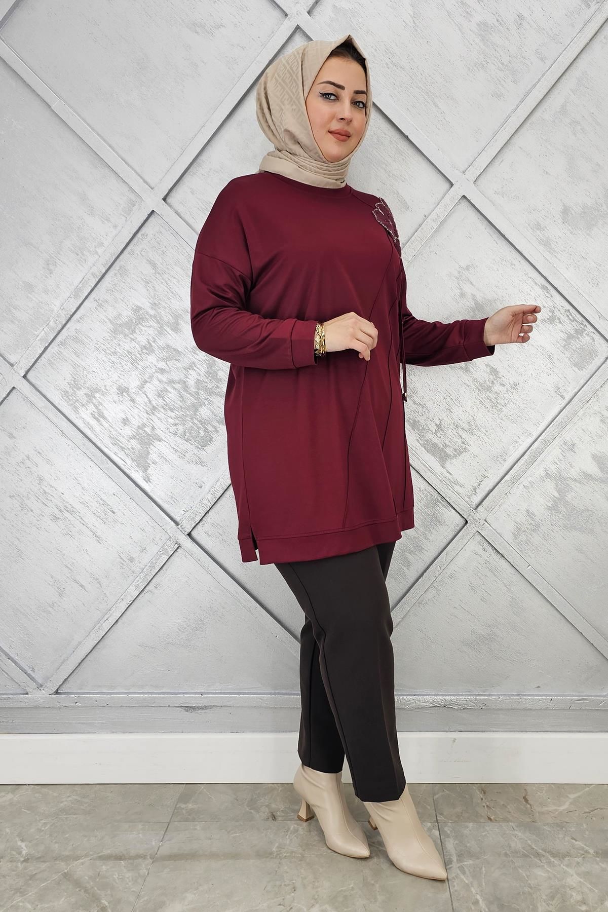 KADIN ÇİÇEKLİ NERVÜR DİKİM DETAYLI TESETTÜR TUNİK BORDO - 2 BEDEN
