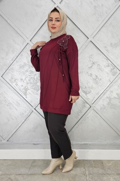 KADIN ÇİÇEKLİ NERVÜR DİKİM DETAYLI TESETTÜR TUNİK BORDO - 2 BEDEN