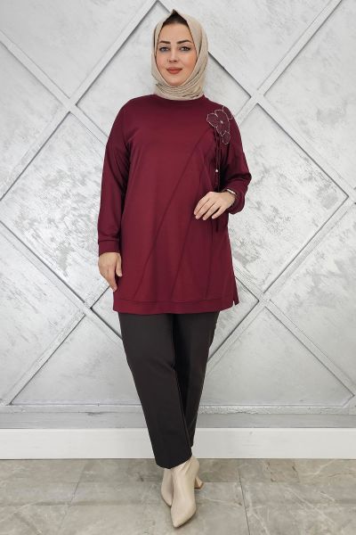 KADIN ÇİÇEKLİ NERVÜR DİKİM DETAYLI TESETTÜR TUNİK BORDO - 2 BEDEN