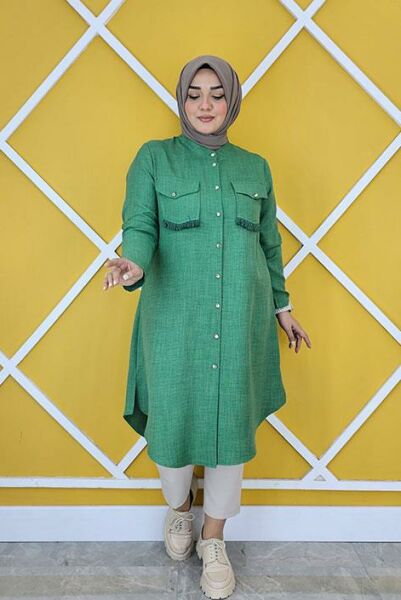 KADIN CEPLERİ MİNİ PÜSKÜL DETAYLI KETEN TESETTÜR GÖMLEK BENETTON - 5 BEDEN