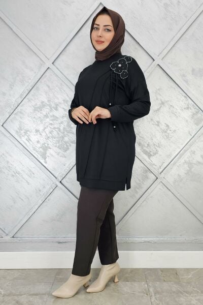 KADIN ÇİÇEKLİ NERVÜR DİKİM DETAYLI TESETTÜR TUNİK SİYAH - 4 BEDEN