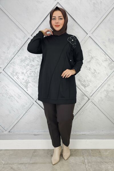 KADIN ÇİÇEKLİ NERVÜR DİKİM DETAYLI TESETTÜR TUNİK SİYAH - 4 BEDEN