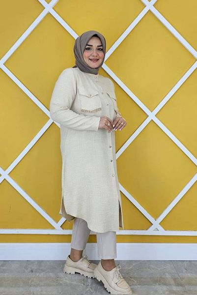 KADIN CEPLERİ MİNİ PÜSKÜL DETAYLI KETEN TESETTÜR GÖMLEK TAŞ - 4 BEDEN