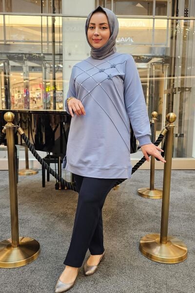 KADIN DİKME VE TAŞ DETAYLI TESETTÜR TUNİK BEJ - 5 BEDEN