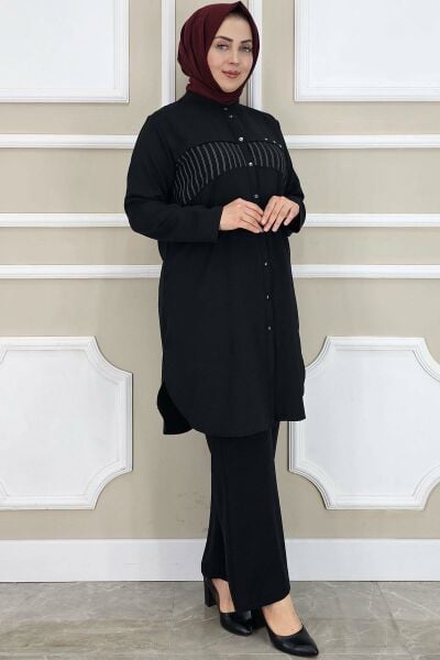 KADIN KOMBİNLİ TAŞ DETAYLI TESETTÜR TAKIM SİYAH - 2 BEDEN