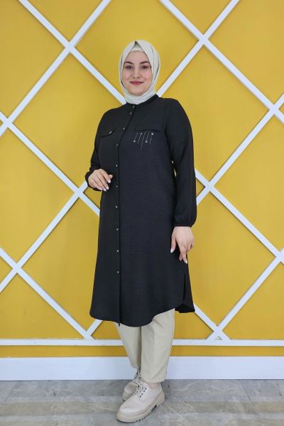 KADIN ARMA VE TAŞ DETAYLI KETEN TESETTÜR GÖMLEK SİYAH - 3 BEDEN