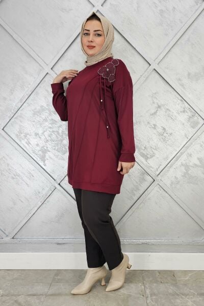 KADIN ÇİÇEKLİ NERVÜR DİKİM DETAYLI TESETTÜR TUNİK BORDO - 4 BEDEN