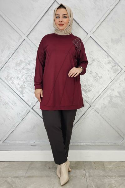 KADIN ÇİÇEKLİ NERVÜR DİKİM DETAYLI TESETTÜR TUNİK BORDO - 4 BEDEN